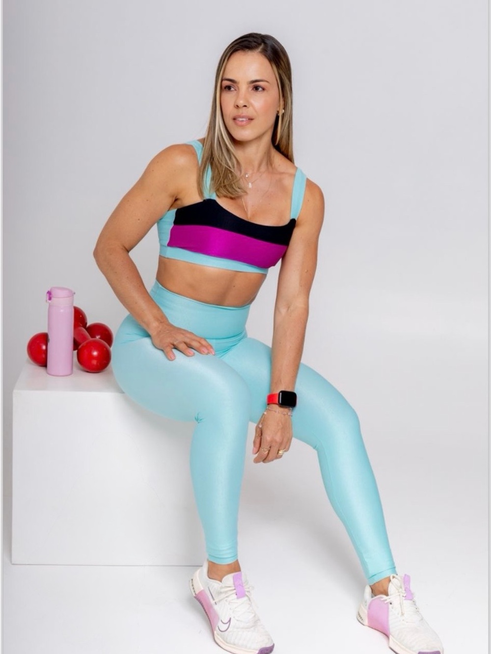 Women’s Aqua Blue Activewear Set Size S | Color Block Sports Bra & Leggings